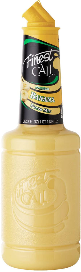 Finest Call banana puree bottle demonstrates quality fruit for premium cocktails.