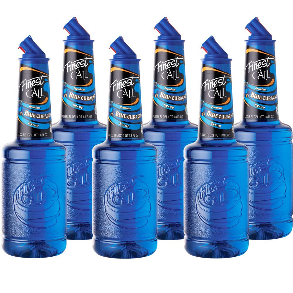 Finest Call blue curaçao drink mix bottle shows premium ingredients for vibrant cocktails with consistent flavor.