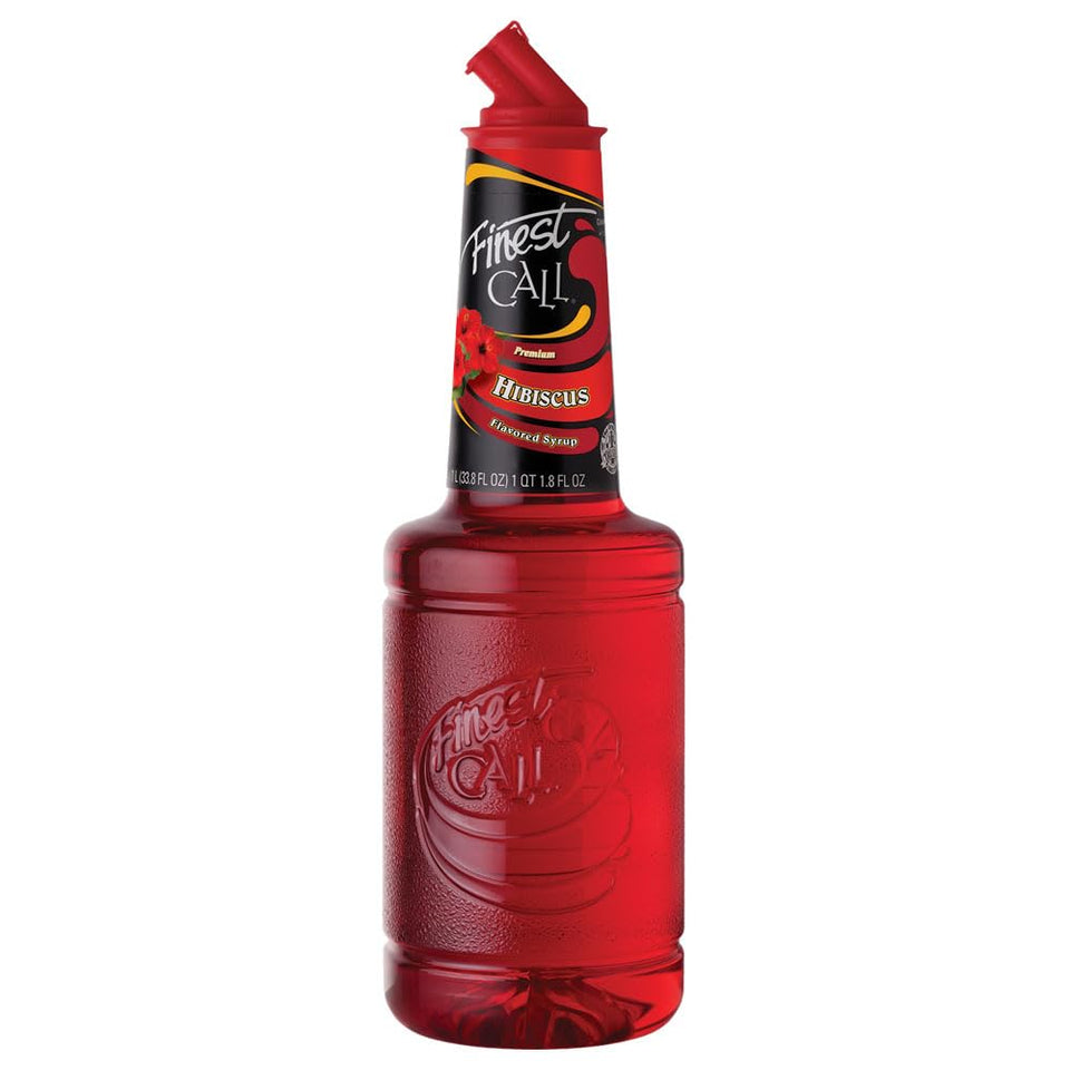 Finest Call Hibiscus Syrup bottle close-up, ideal for cocktails.
