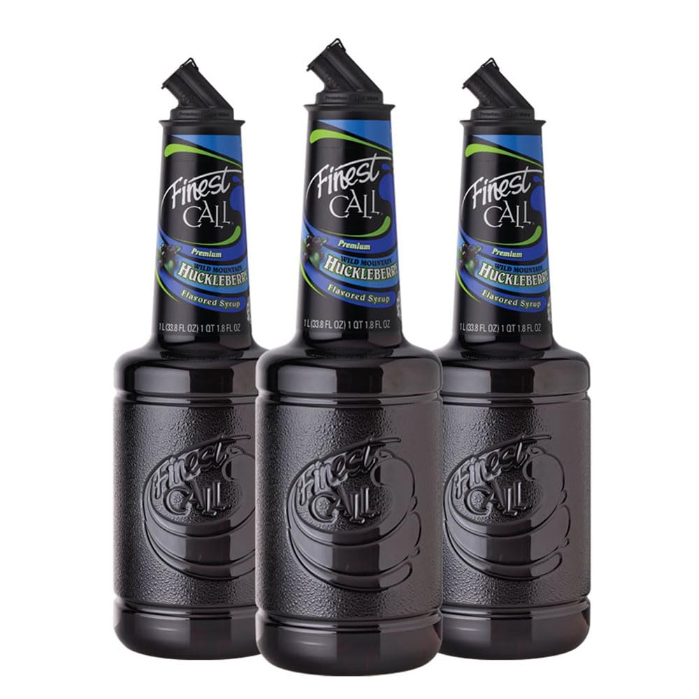 Finest Call huckleberry syrup bottle 1L for versatile mixed drinks.