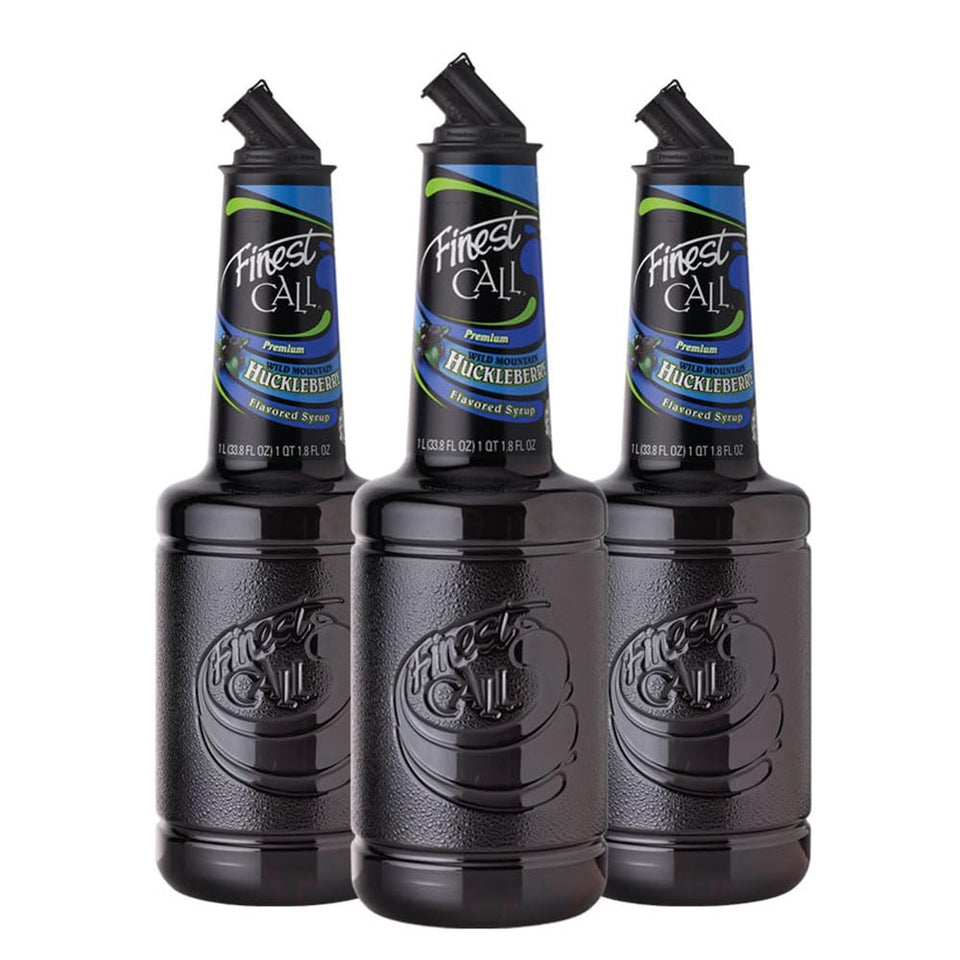 Finest Call huckleberry syrup bottle 1L for versatile mixed drinks.