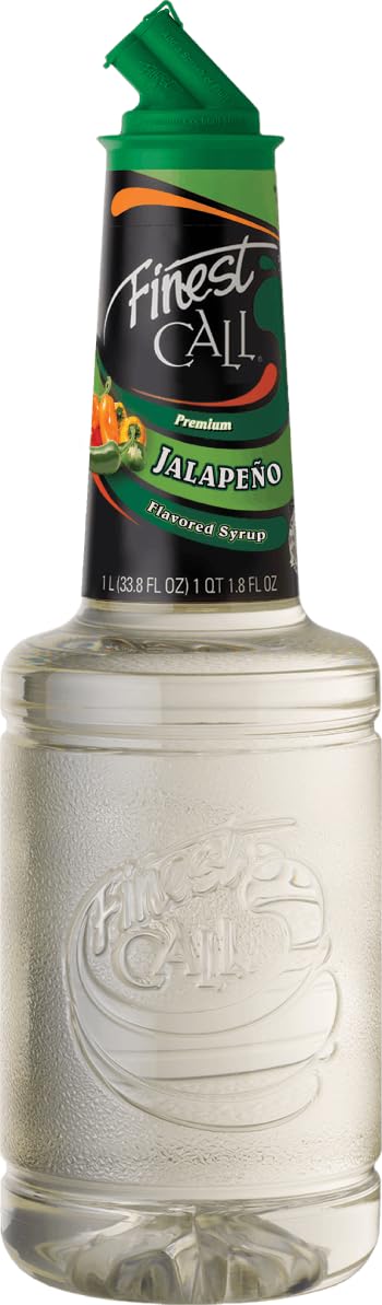 Finest Call Jalapeño Syrup bottle closeup showing rich flavor for cocktails