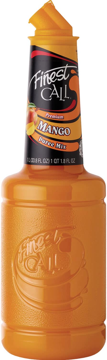Finest Call Mango Puree bottle highlights premium Alphonso mango flavor for cocktails.
