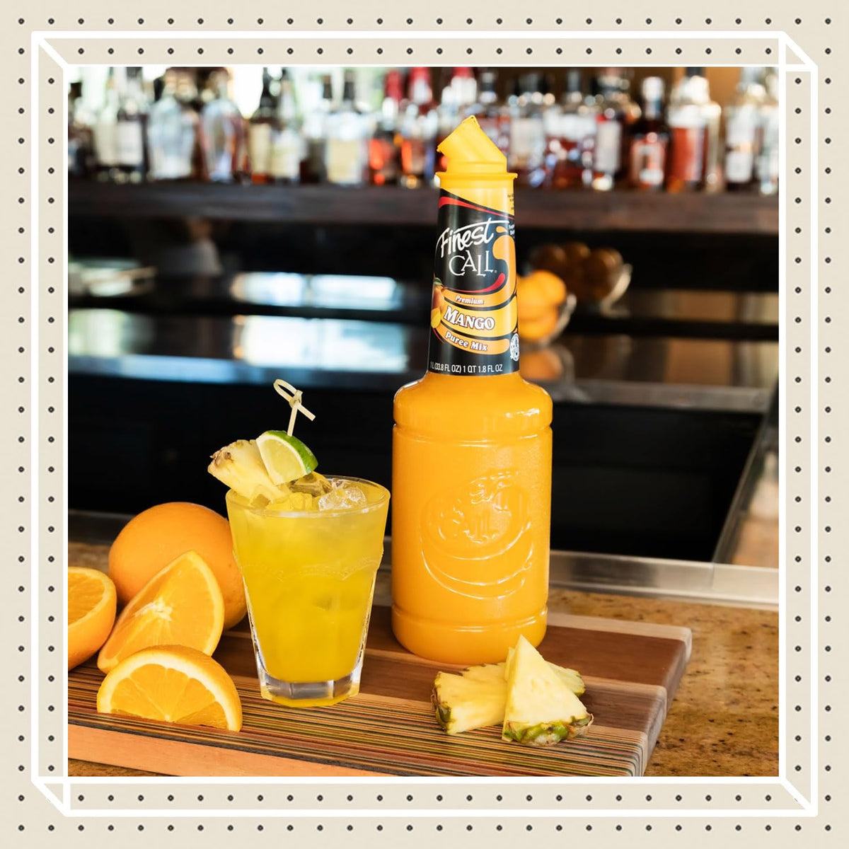 Finest Call mango puree pour closeup highlights smooth texture for fast pour.