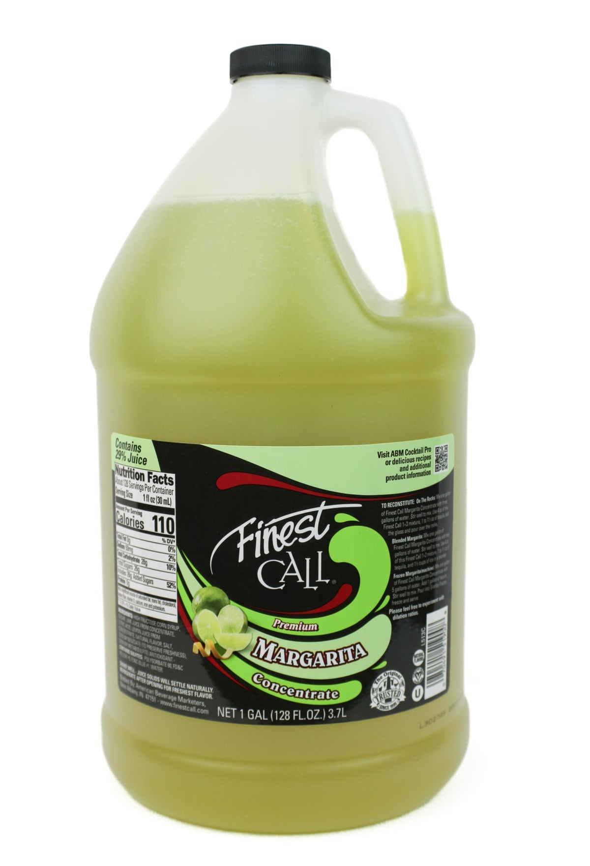 Finest Call Margarita concentrate bottle 1 gallon, ready to mix classic lime margaritas at home.