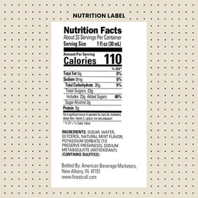 Close-up of Finest Call Mint Syrup label showing flavor and bottle size.