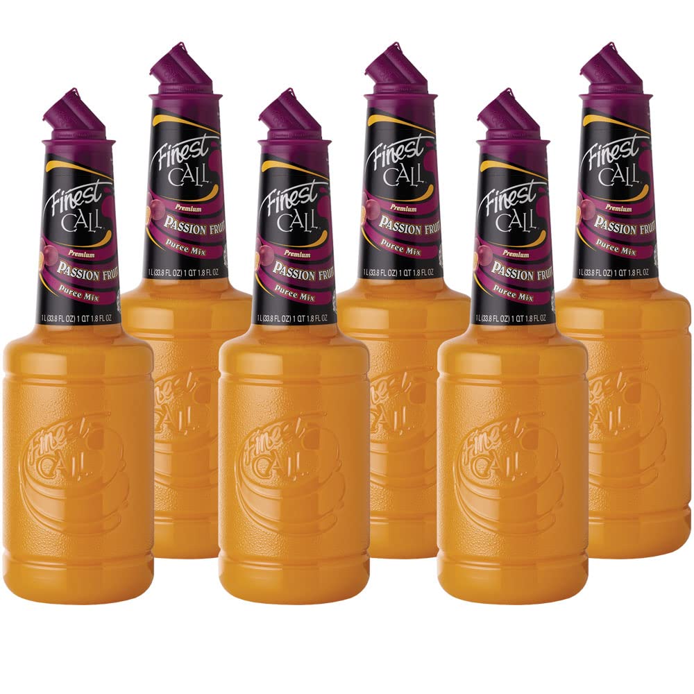 Finest Call passion fruit puree bottle showcases vibrant color and aroma for cocktails.