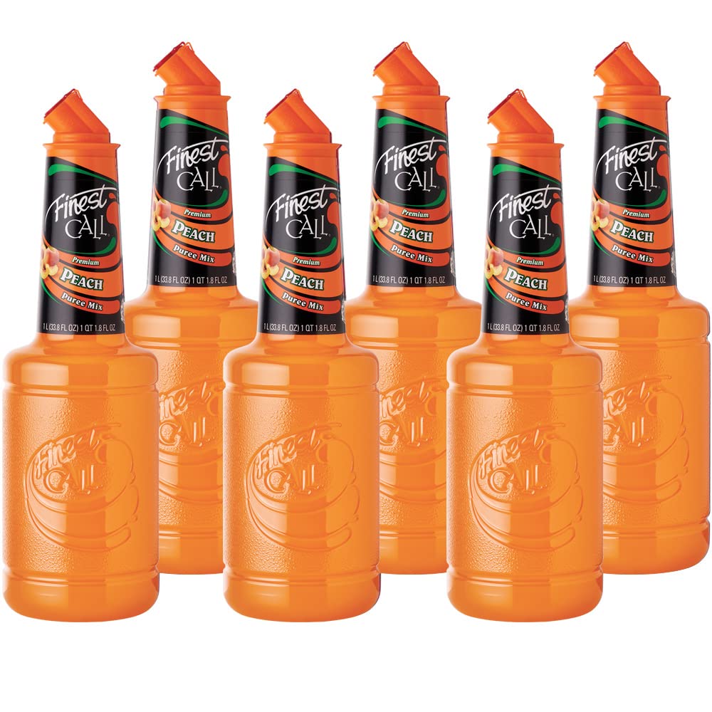 Finest Call peach puree bottle—premium California peaches for vibrant cocktails.