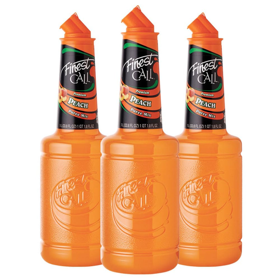 Finest Call Peach Puree bottle close-up, premium fruit quality.