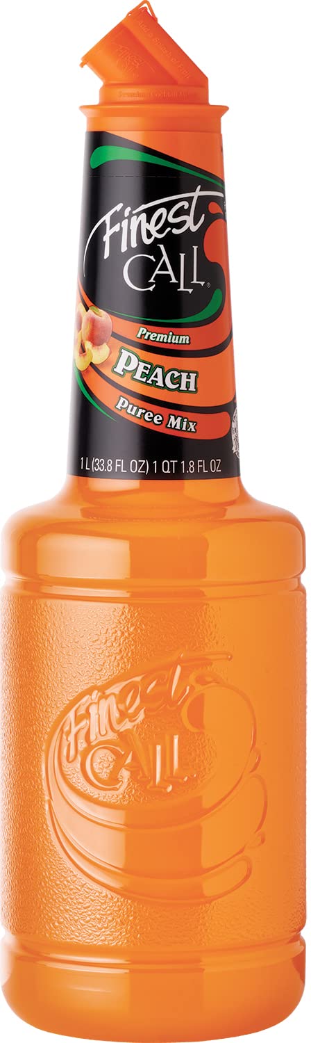 Finest Call peach puree bottle highlights juicy California peaches for easy cocktail pours