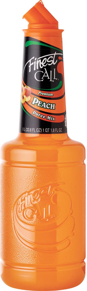 Finest Call peach puree bottle highlights juicy California peaches for easy cocktail pours