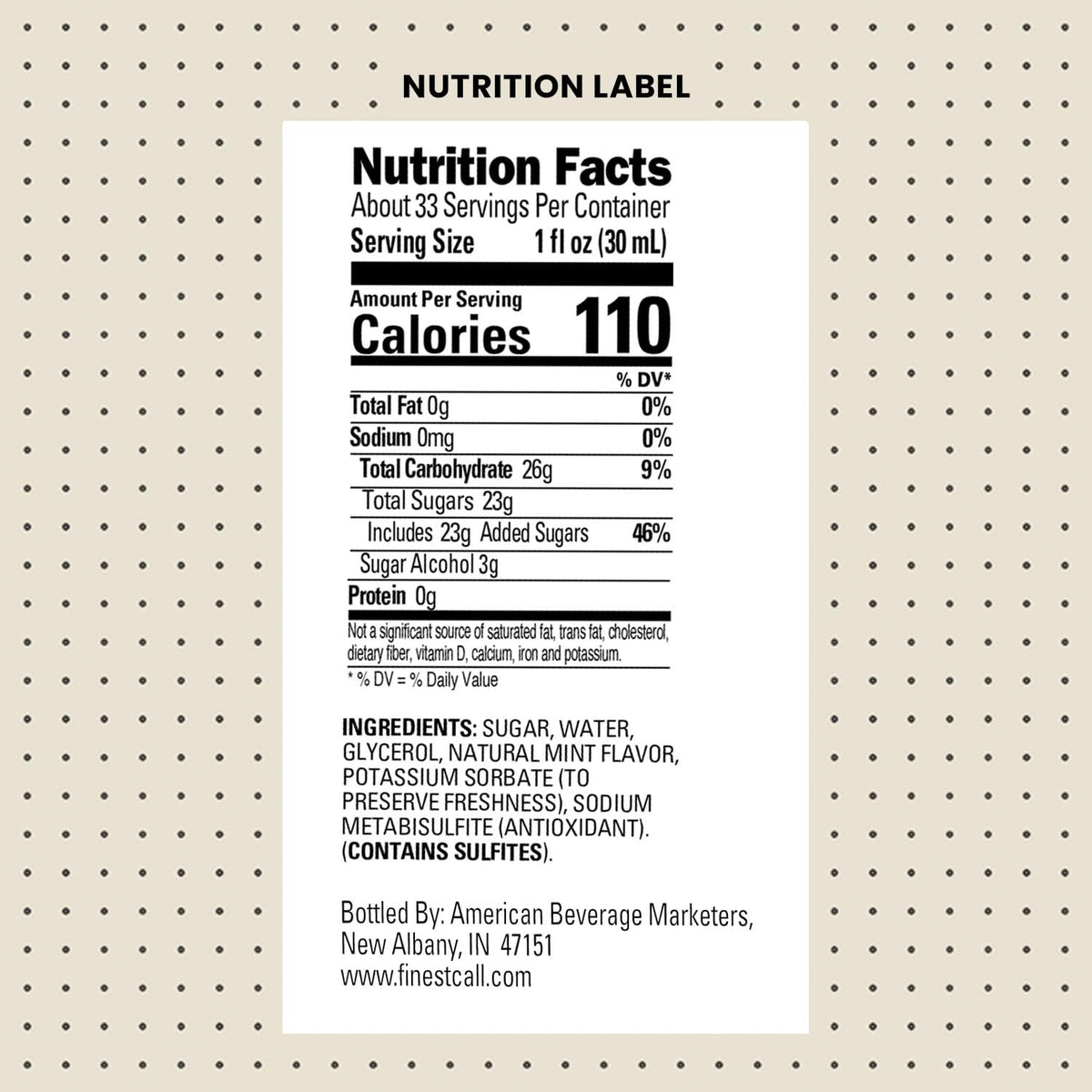 Finest Call Premium Mint Syrup label close-up – clear branding and mint aroma hints.