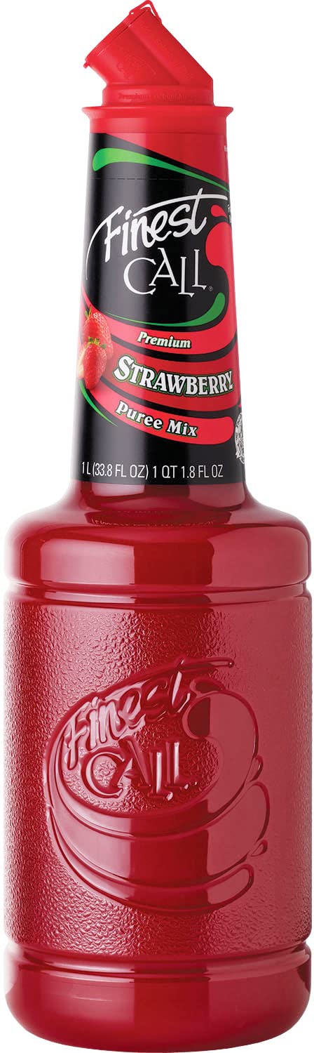 Finest Call Premium Strawberry Puree bottle front ready for vibrant cocktails.