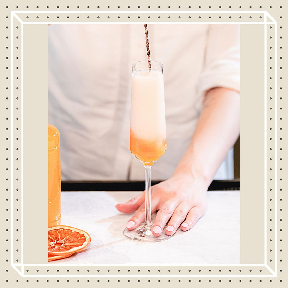 Finest Call white peach puree pour close-up for accurate pours.