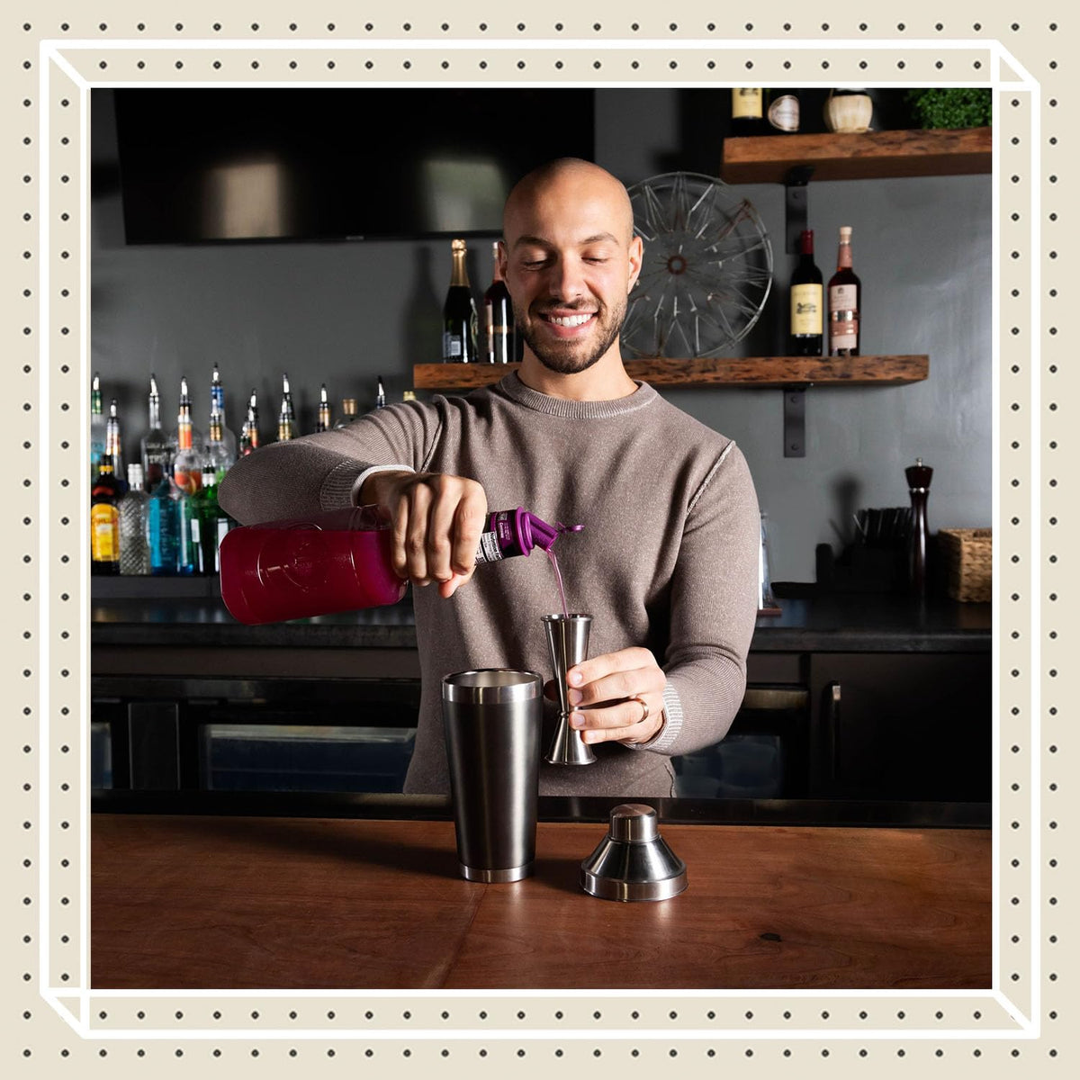 Finest Call prickly pear syrup in a professional bar setup for pros.