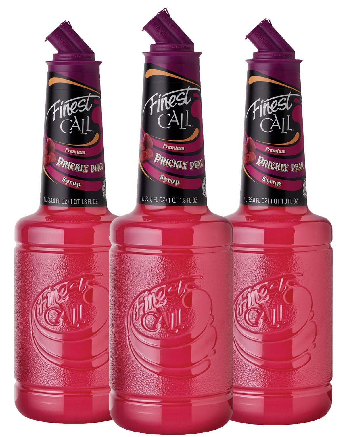 Finest Call Prickly Pear Syrup bottle on a bar, ideal for cocktails.