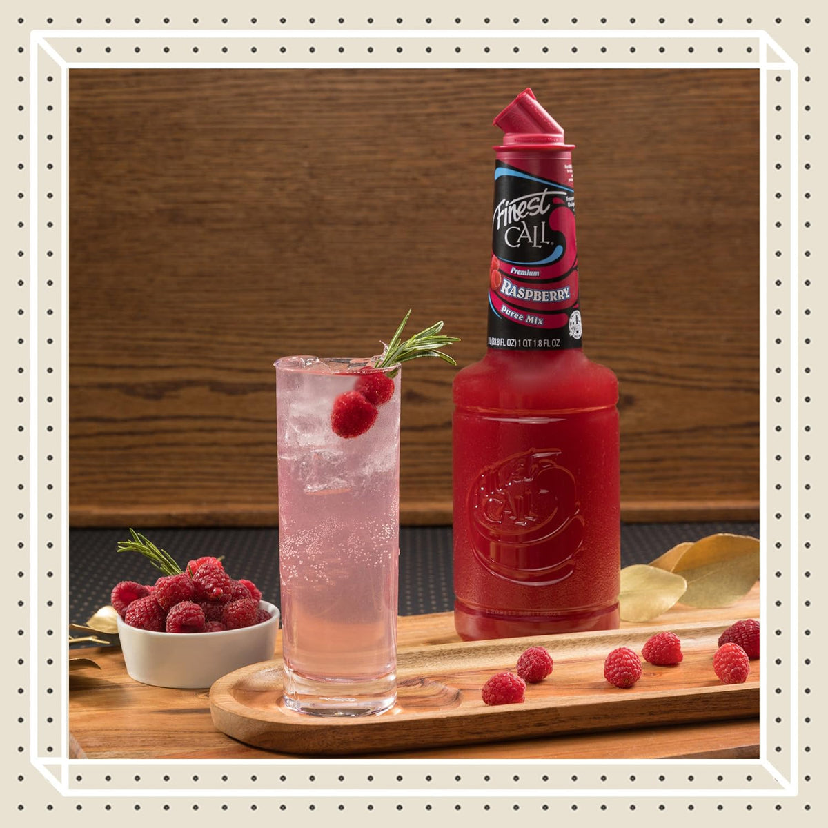 Finest Call Raspberry Puree Drink Mix bottle with dispensing closure for fast pours