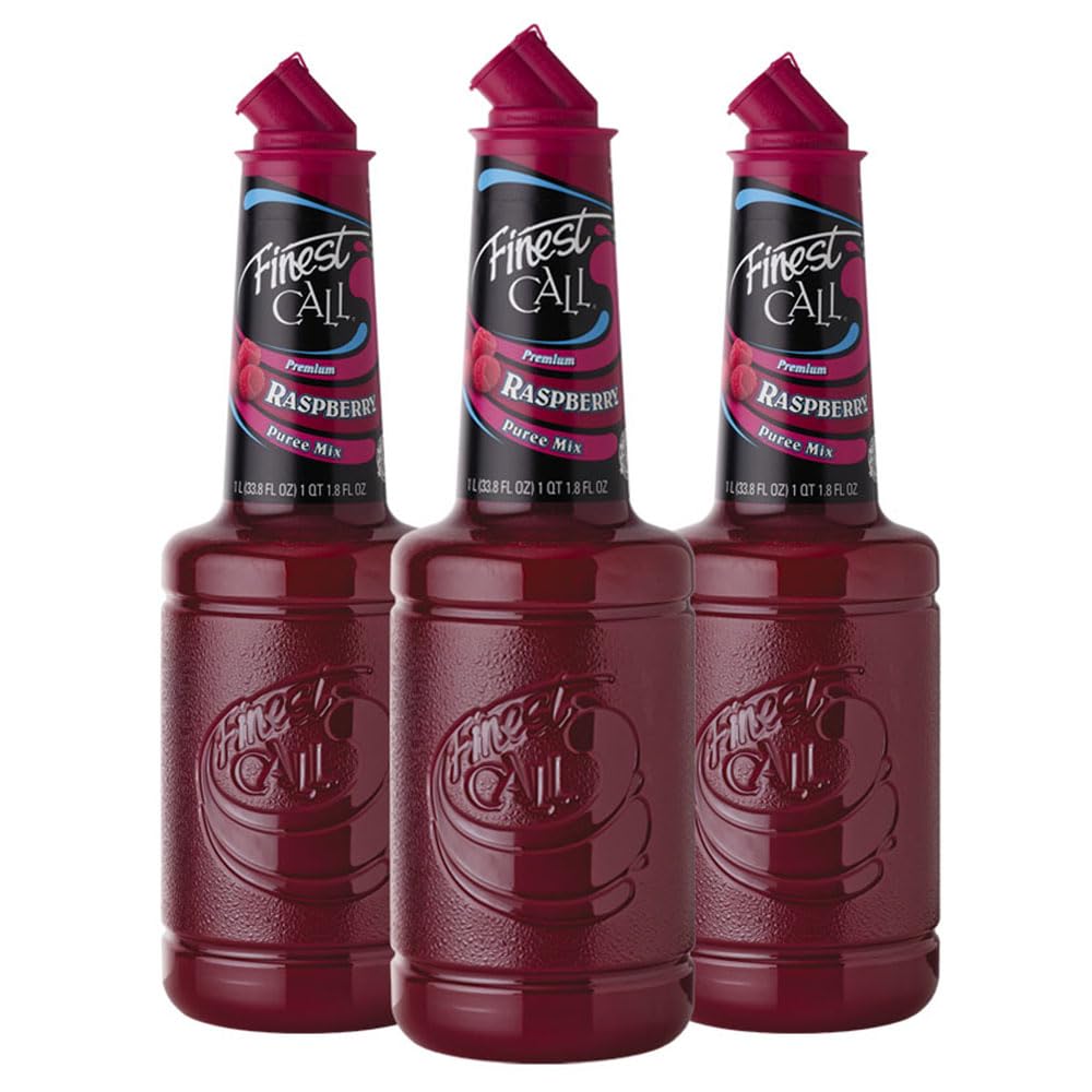 Finest Call Raspberry Puree Drink Mix bottle pour highlights smooth, consistent flavor for cocktails.