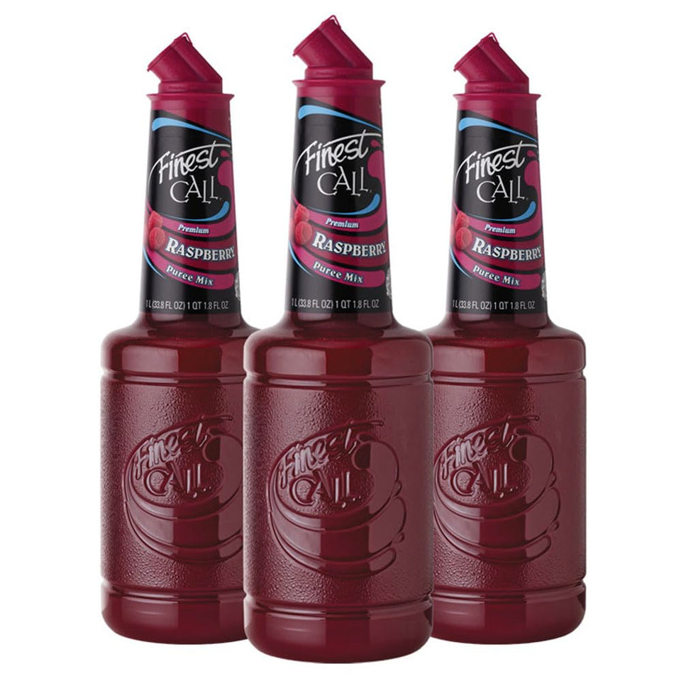 Finest Call Raspberry Puree Drink Mix bottle pour highlights smooth, consistent flavor for cocktails.