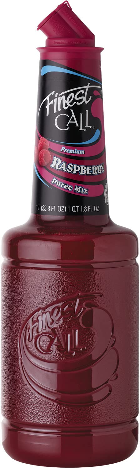 Finest Call Raspberry Puree Drink Mix bottle showing vibrant red color for premium cocktails