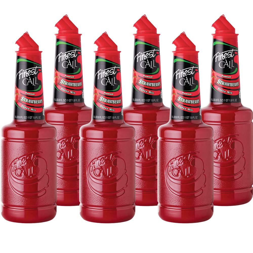 Finest Call strawberry puree bottle 1L highlights premium fruit flavor for cocktails.