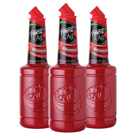 Finest Call strawberry puree bottle with vibrant color, ideal for cocktails.