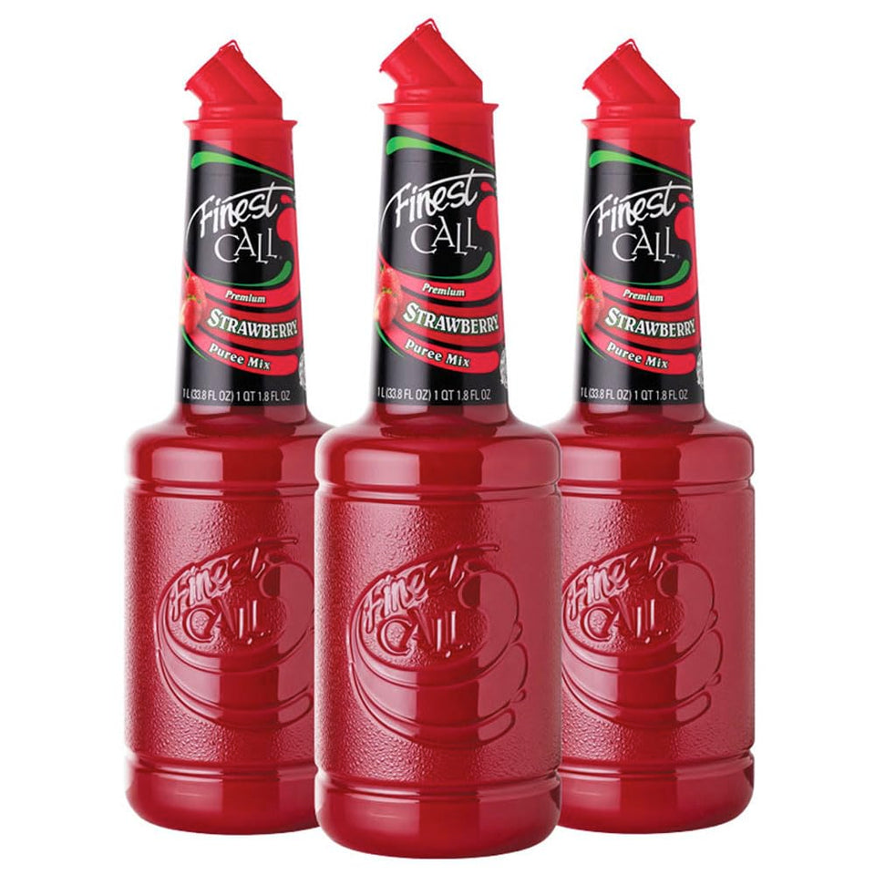 Finest Call strawberry puree bottle with vibrant color, ideal for cocktails.