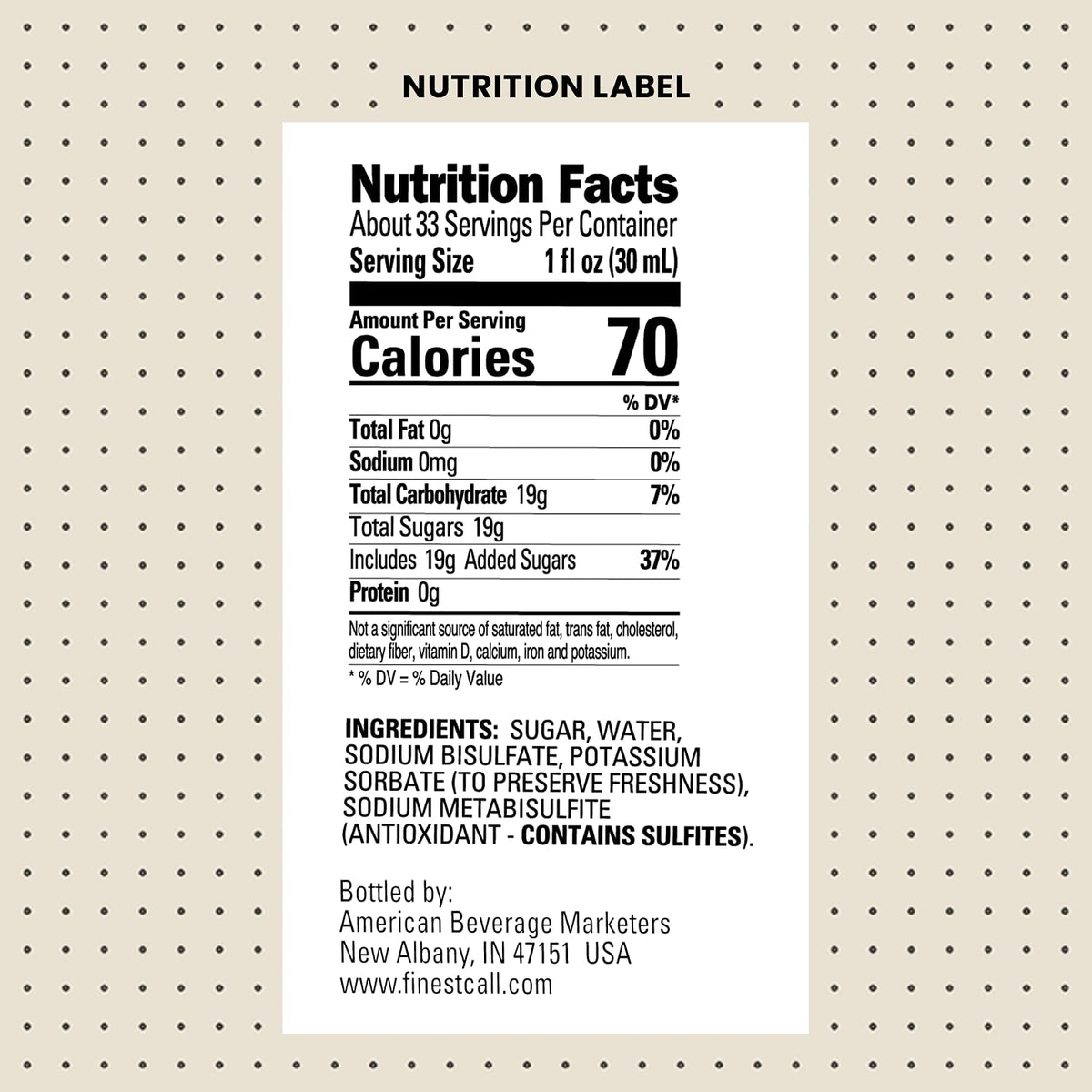 Close-up on Finest Call label highlighting PURE CANE SUGAR quality.