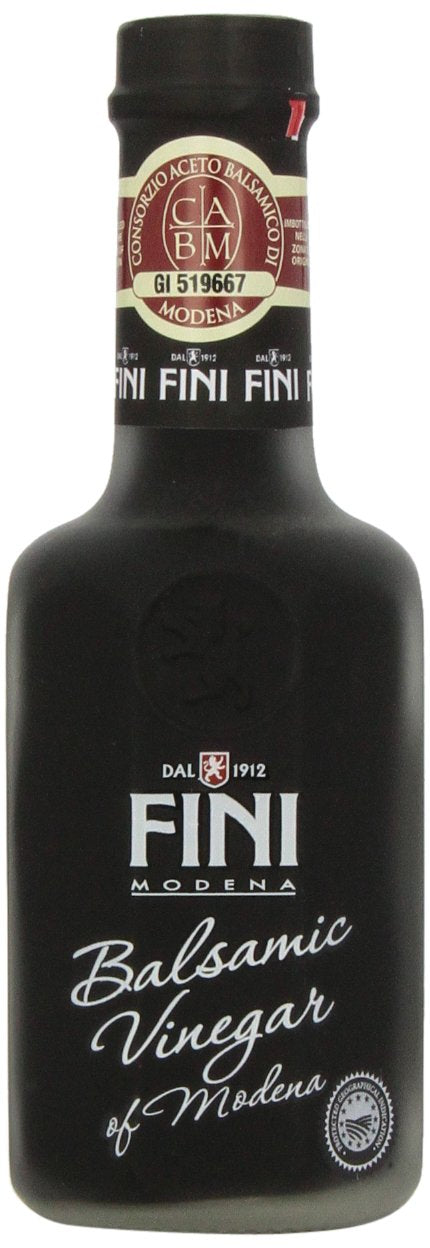 Fini Balsamic Vinegar bottle on shelf, a pantry staple for dressings.