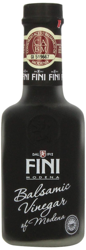 Fini Balsamic Vinegar bottle on shelf, a pantry staple for dressings.