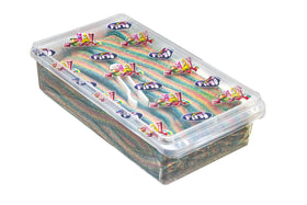 Fini Fantasy Rainbow Sour Belts pack closeup showing chewy texture for snack enjoyment