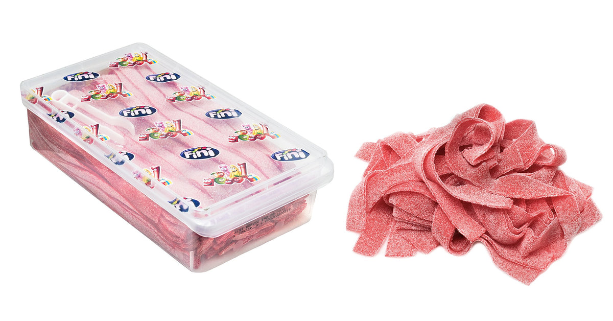 Fini Strawberry Sour Belts close-up shows tangy sugar coating and bright strawberry flavor.