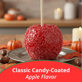 Finished Concord candy apples on sticks with a glossy red coating
