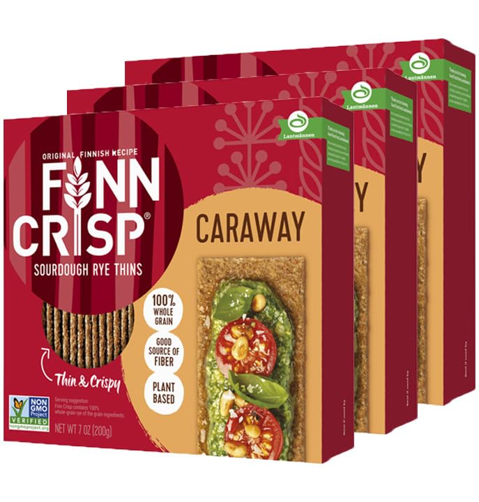 Finn Crisp Caraway crispbread front label showing crisp, crunchy texture