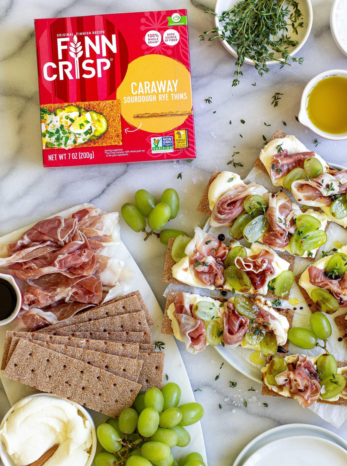 Finn Crisp Caraway Sourdough Rye Thins in a bright kitchen scene.
