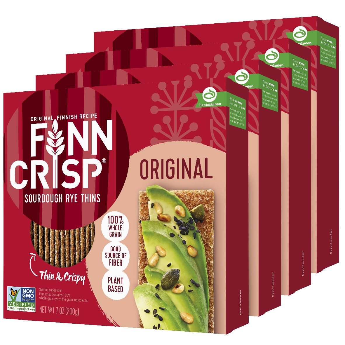 Finn Crisp Original Rye Crispbread pack front showing four-pack convenient snack option