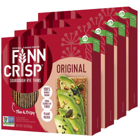 Finn Crisp Original Rye Crispbread pack front showing four-pack convenient snack option