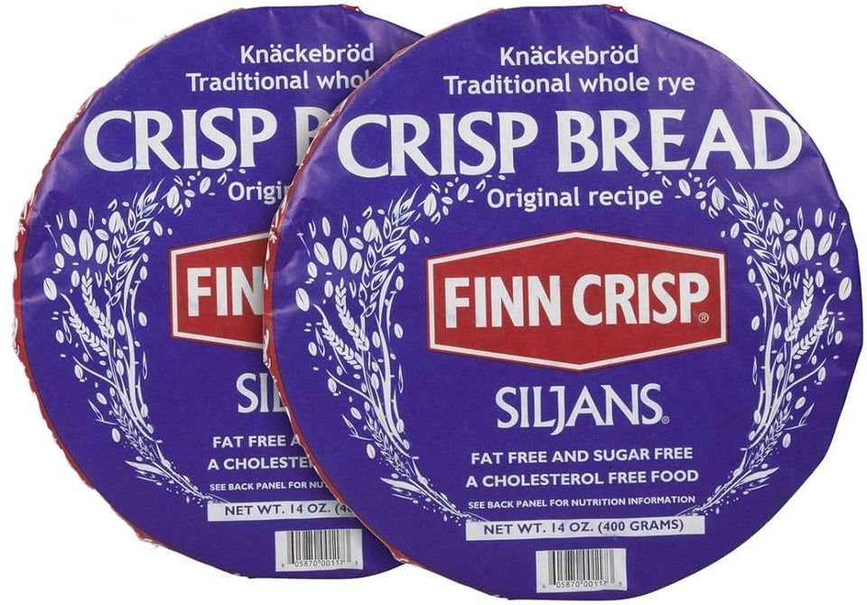 Finn Crisp Siljans round rye crispbread two-pack on shelf, ideal with toppings.
