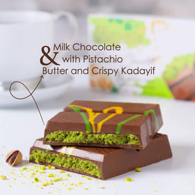 Cross-section of Fiorella Dubai Pistachio Bar with milk chocolate and pistachio butter