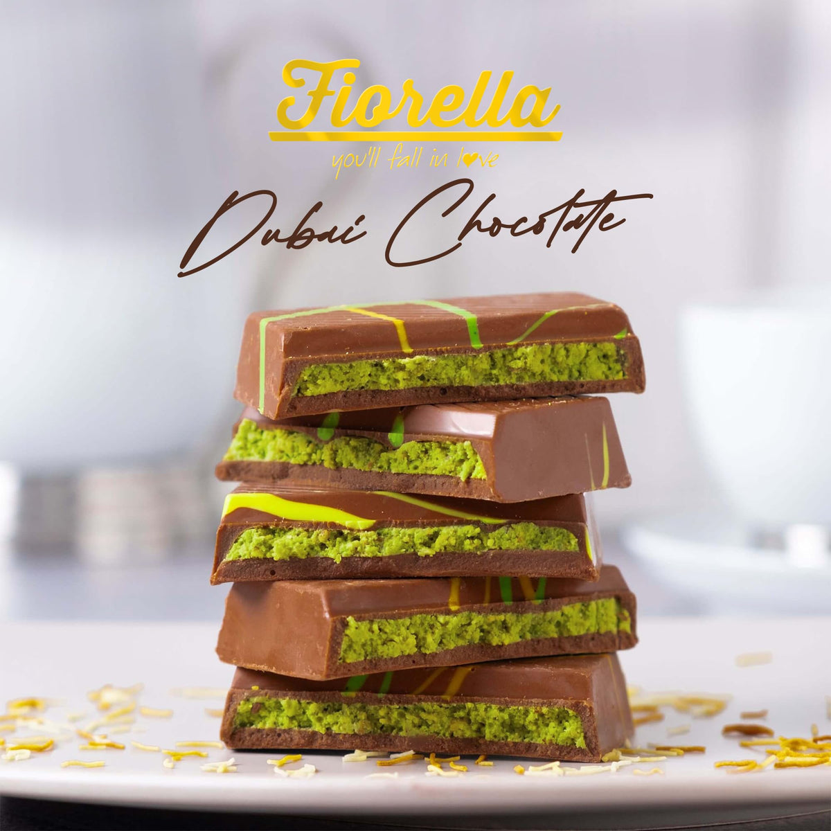 Sliced Fiorella Dubai Pistachio Bar highlights smooth milk chocolate