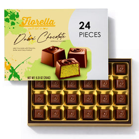 Fiorella Dubai-Style Pistachio Squares packaging with 24 individually wrapped pieces for easy gifting.