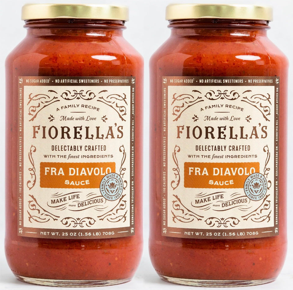 Fiorella's Fra Diavolo sauce bottle highlighting bold pasta-ready flavor