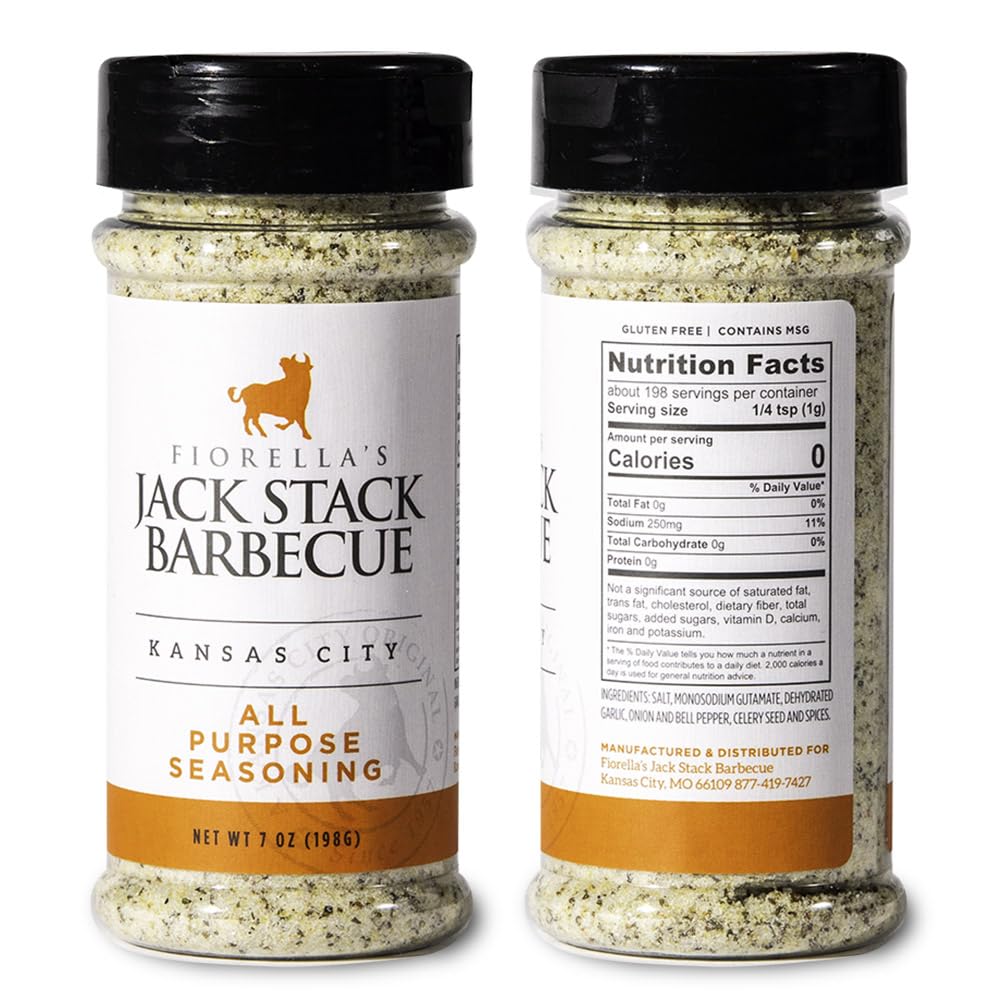 Fiorella's Jack Stack All-Purpose Dry Rub bottle ready to elevate seafood and vegetables.
