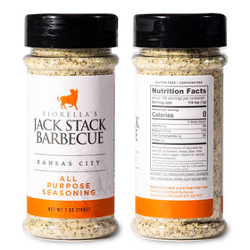 Fiorella's Jack Stack All-Purpose Dry Rub bottle ready to elevate seafood and vegetables.