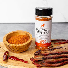 Fiorella's Jack Stack label closeup highlighting handcrafted seasoning quality.