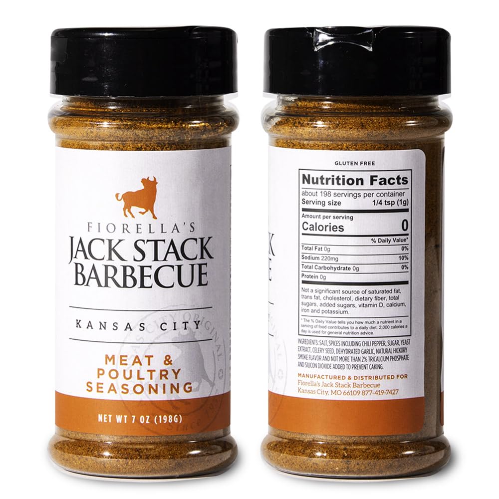 Fiorella's Jack Stack Meat & Poultry Rub bottle boosts chicken and pork flavor.