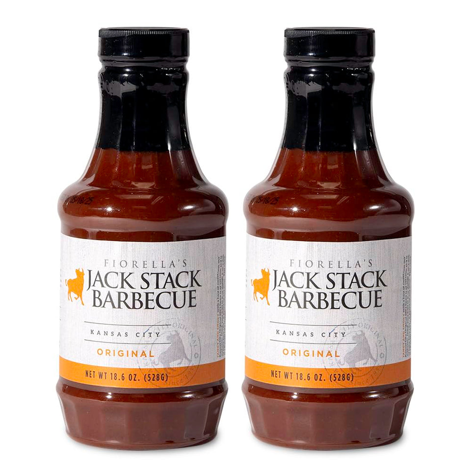 Fiorella's Jack Stack Original Sauce bottle pouring for versatile grill prep