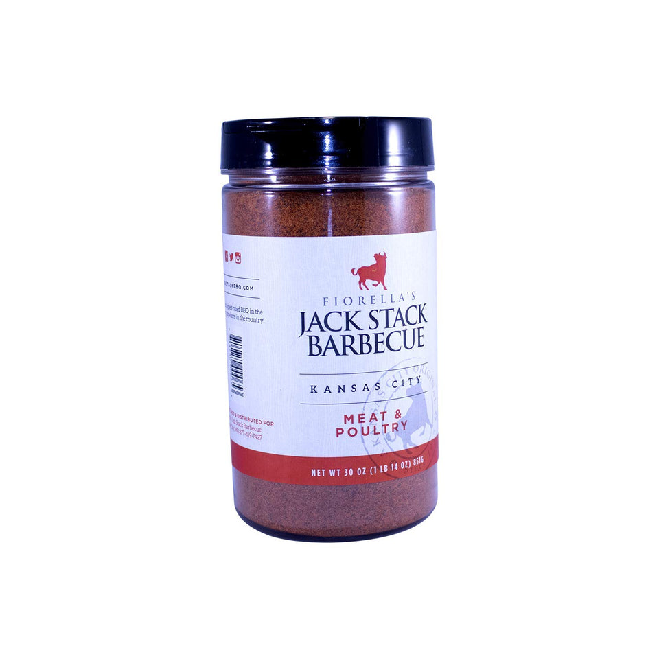 Fiorella's Jack Stack Barbecue rubs bottle enhances meat flavor for grilling.