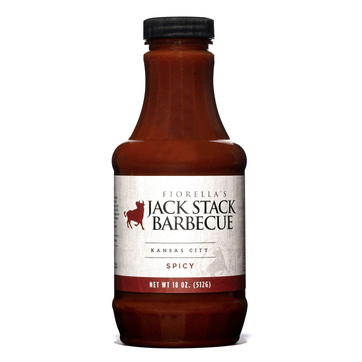 Fiorella's Jack Stack Spicy bottle front, adds medium heat to pulled pork.