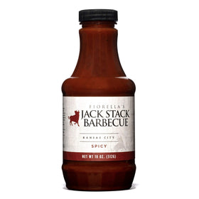 Fiorella's Jack Stack Spicy bottle front, adds medium heat to pulled pork.